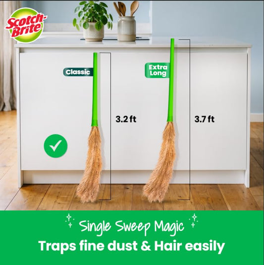 Scotch-Brite Classic Floor Broom | Flat Fibers Pick Fine Dust & Hair | Long Handle for No Bending | No Dust Shedding | Lightweight & Long Lasting