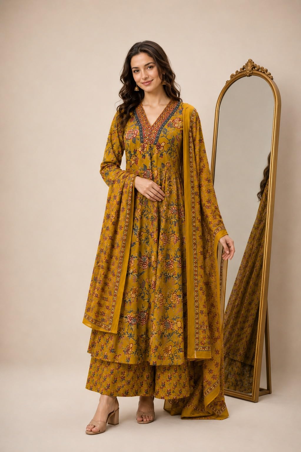 BANDRAGIRLS Women's Rayon Printed Anarkali Kurta and Pant with Dupatta Set