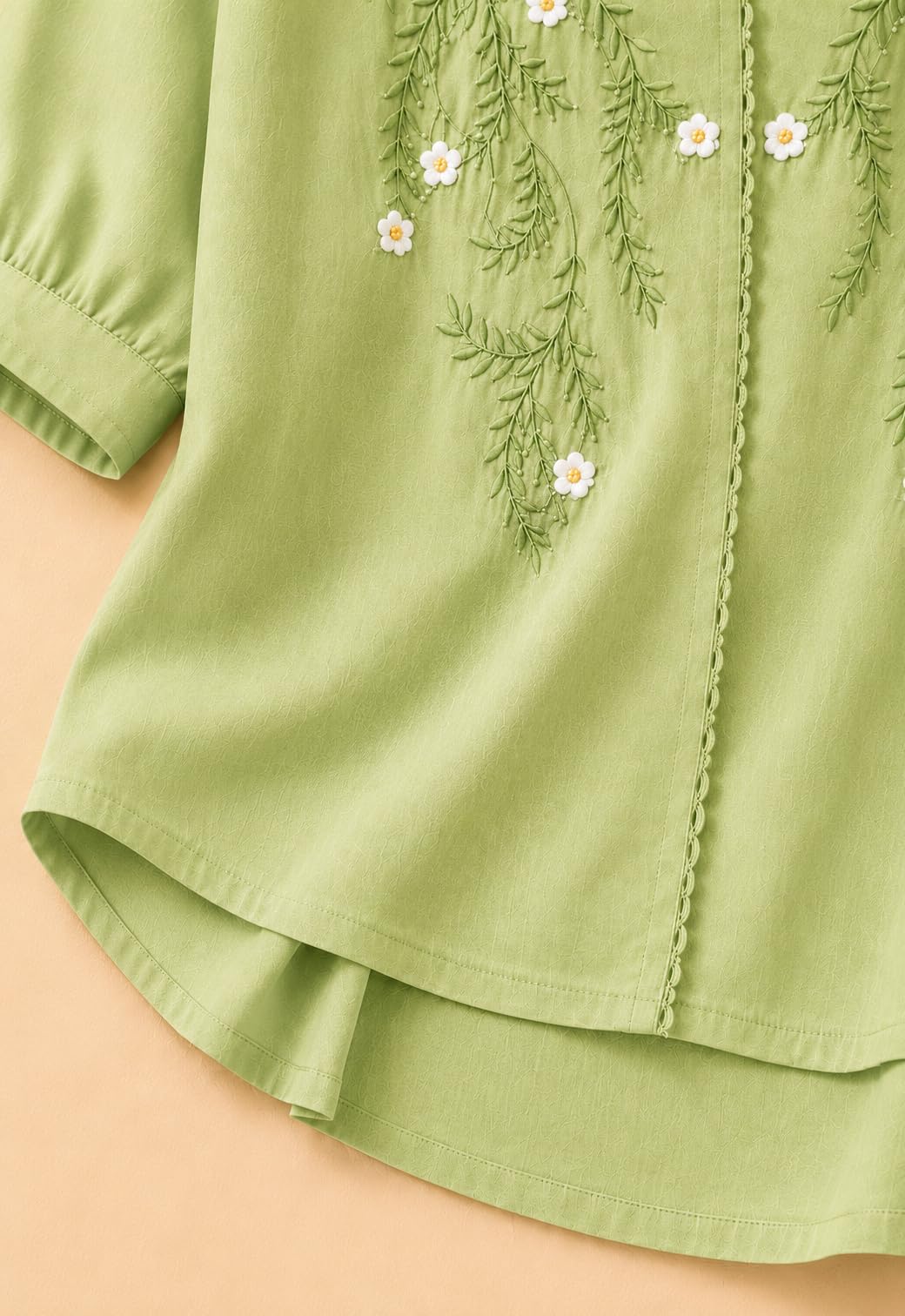 RIEKA Womens Embroidered Korean Style Top and Tunic; V Neck| Floral Thread Embroidery| Three Quarter Puff Sleeves |Relaxed Fit Curved Hem| Casual Everyday Fusion Top (Pista-L)