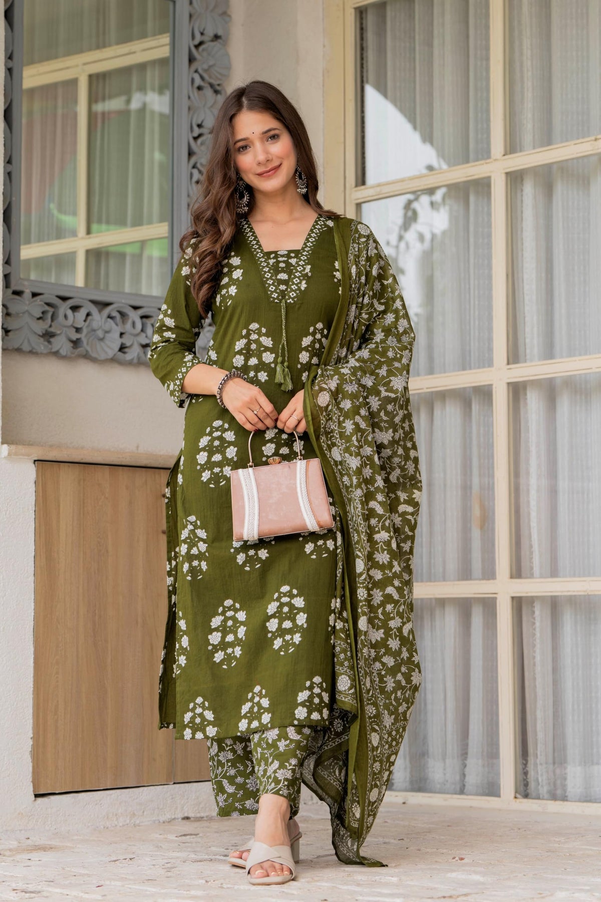 PARTHVI Women's Pure Cotton Printed Straight Kurta Set with Palazzo Pants & Dupatta- Ethnic Wear, Green