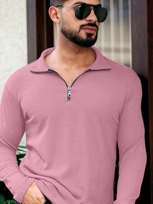 KAJARU Men's Polyester Blend T Shirt with Spread Collar Neck Line Zipper Closure Full Sleeves Solid Pattern Regular Fit and Standard Length