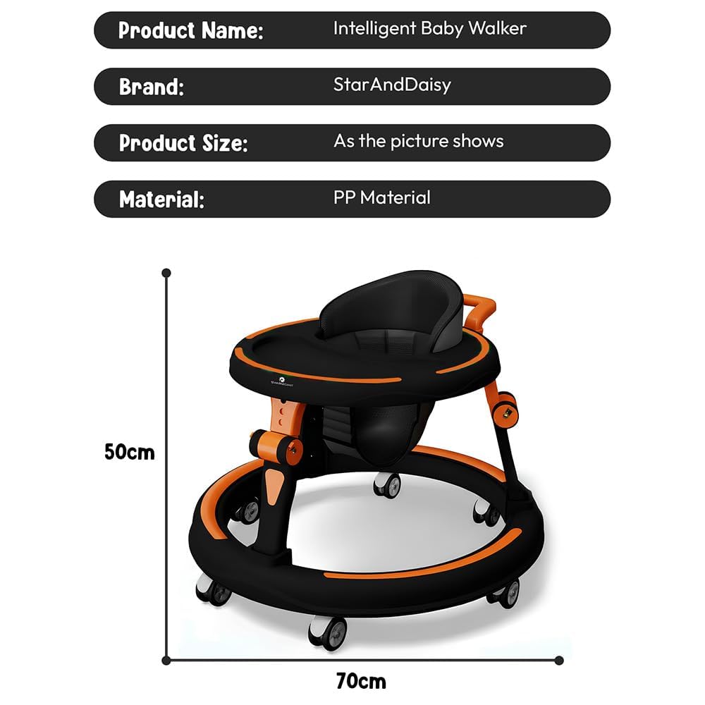 StarandDaisy Baby Walker for Babies, 6-18 Month Baby Boy & Girl, Adjustable Height Infant Learning Walker with 360° Wheels, Anti-Slip, Comfortable Padded Seat, Activity Tray, Foldable Toddler Walker (Orange-Black)
