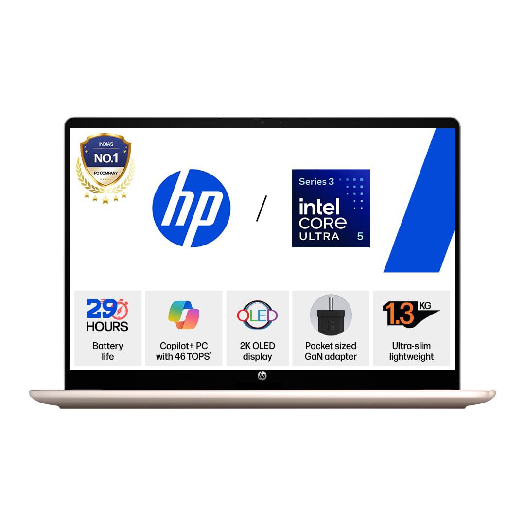 HP OmniBook 5 OLED ● Intel Core Ultra 5 322 ● 45 TOPS● (16GB LPDDR5x,512GB SSD) ●2K 14''/35.6cm ● Win11 ● Office24 ● Sahara Silver●1.3kg ●hh0099TU ●mini GaN Charger● Upto 29hrs battery life ●AI Laptop