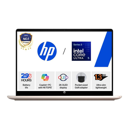 HP OmniBook 5 OLED ● Intel Core Ultra 5 322 ● 45 TOPS● (16GB LPDDR5x,512GB SSD) ●2K 14''/35.6cm ● Win11 ● Office24 ● Sahara Silver●1.3kg ●hh0099TU ●mini GaN Charger● Upto 29hrs battery life ●AI Laptop