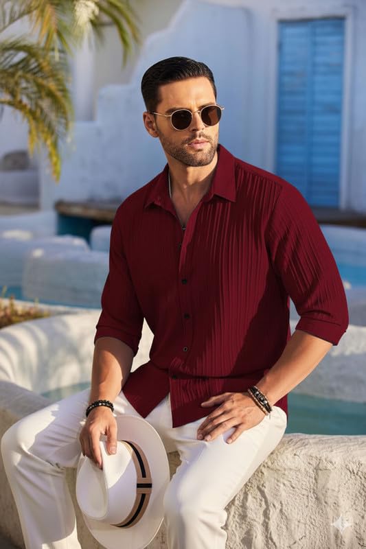 DEELMO Men's Casual Button Down Shirts Long Sleeve Linen Shirt Fashion Textured Beach Summer Shirt (in, Alpha, M, Regular, Maroon)