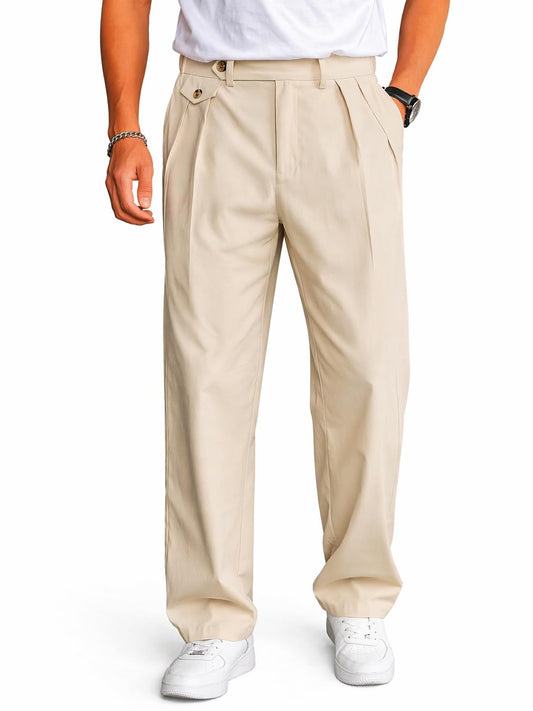 CB-COLEBROOK Men’s Korean Style Double Pleated Relaxed Fit Trousers | Cotton Linen Blend Formal Casual Pants | Mid Rise, Belt Loops, Side Pockets & Button Closure (in, Alpha, M, Regular, Cream)