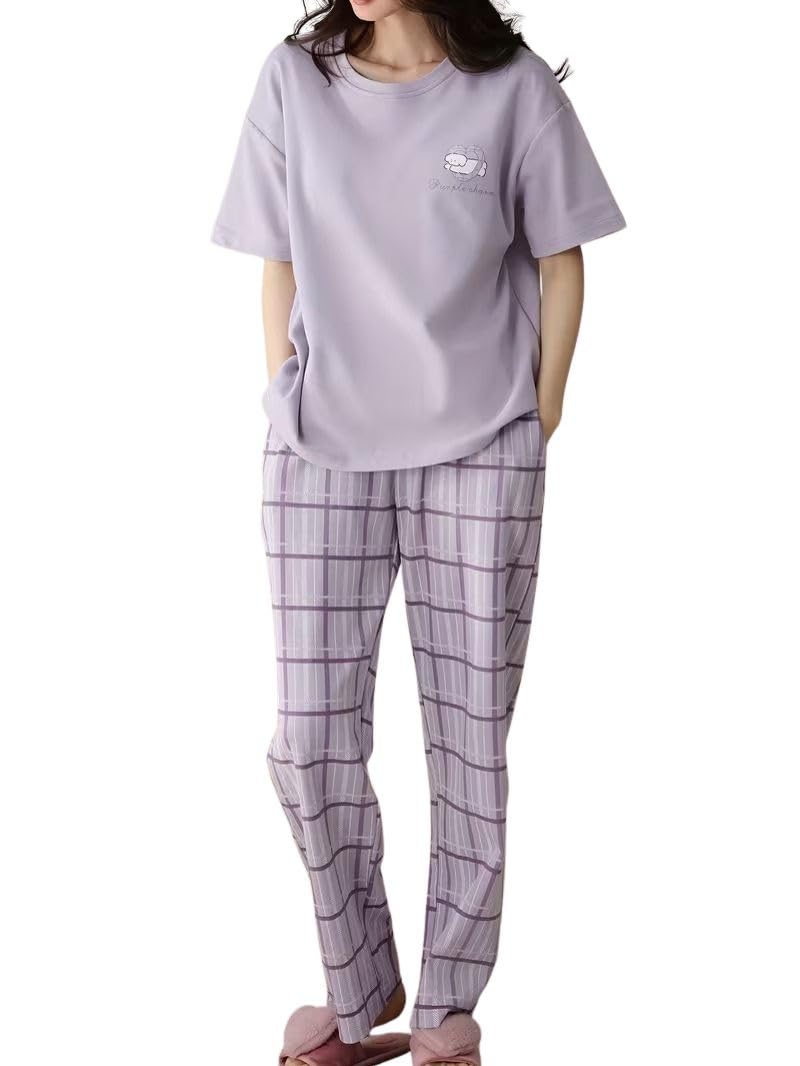 SHIENZY Women Korean Style Night Suit | Round Neck Short Sleeve Cute Printed Cotton Pajama Set for Girls & Women | Soft Nightwear, Lounge Wear, Sleepwear for Women | Co-ord Set(New-1695_LVNDR_XL)