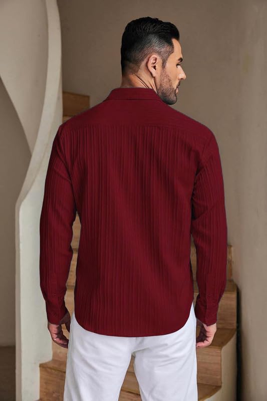 DEELMO Men's Casual Button Down Shirts Long Sleeve Linen Shirt Fashion Textured Beach Summer Shirt (in, Alpha, M, Regular, Maroon)
