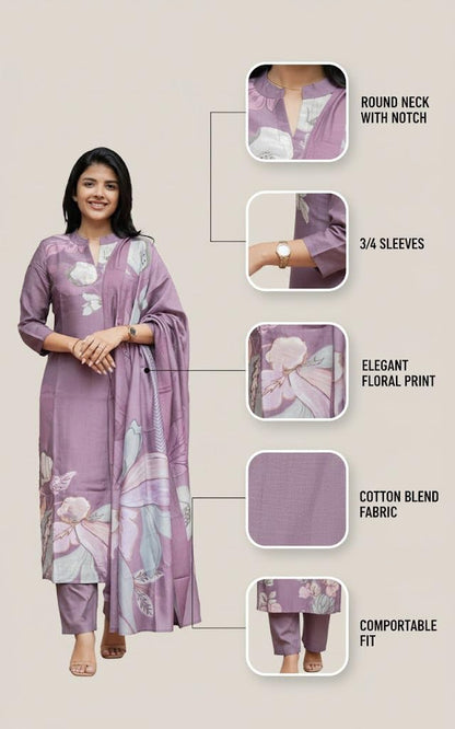 Sun Fashion And Lifestyle Kurta Sets for Woman | Kurti Set | Women's 3 Piece Kurta Pant Dupatta Set | Cotton Blend Kurta Woman | Elegant Suit for Women | Dupatta (KPD63_Purple_L)