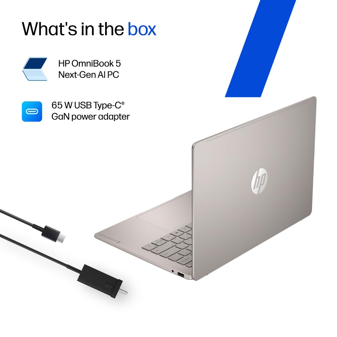 HP OmniBook 5 OLED ● Intel Core Ultra 5 322 ● 45 TOPS● (16GB LPDDR5x,512GB SSD) ●2K 14''/35.6cm ● Win11 ● Office24 ● Sahara Silver●1.3kg ●hh0099TU ●mini GaN Charger● Upto 29hrs battery life ●AI Laptop