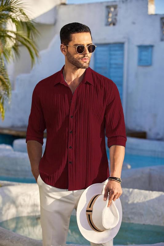 DEELMO Men's Casual Button Down Shirts Long Sleeve Linen Shirt Fashion Textured Beach Summer Shirt (in, Alpha, M, Regular, Maroon)