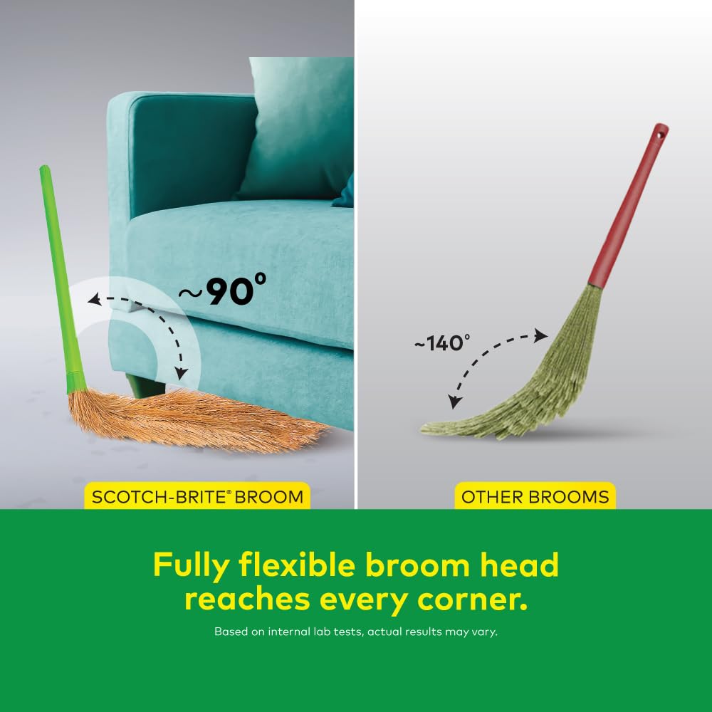 Scotch-Brite Classic Floor Broom | Flat Fibers Pick Fine Dust & Hair | Long Handle for No Bending | No Dust Shedding | Lightweight & Long Lasting