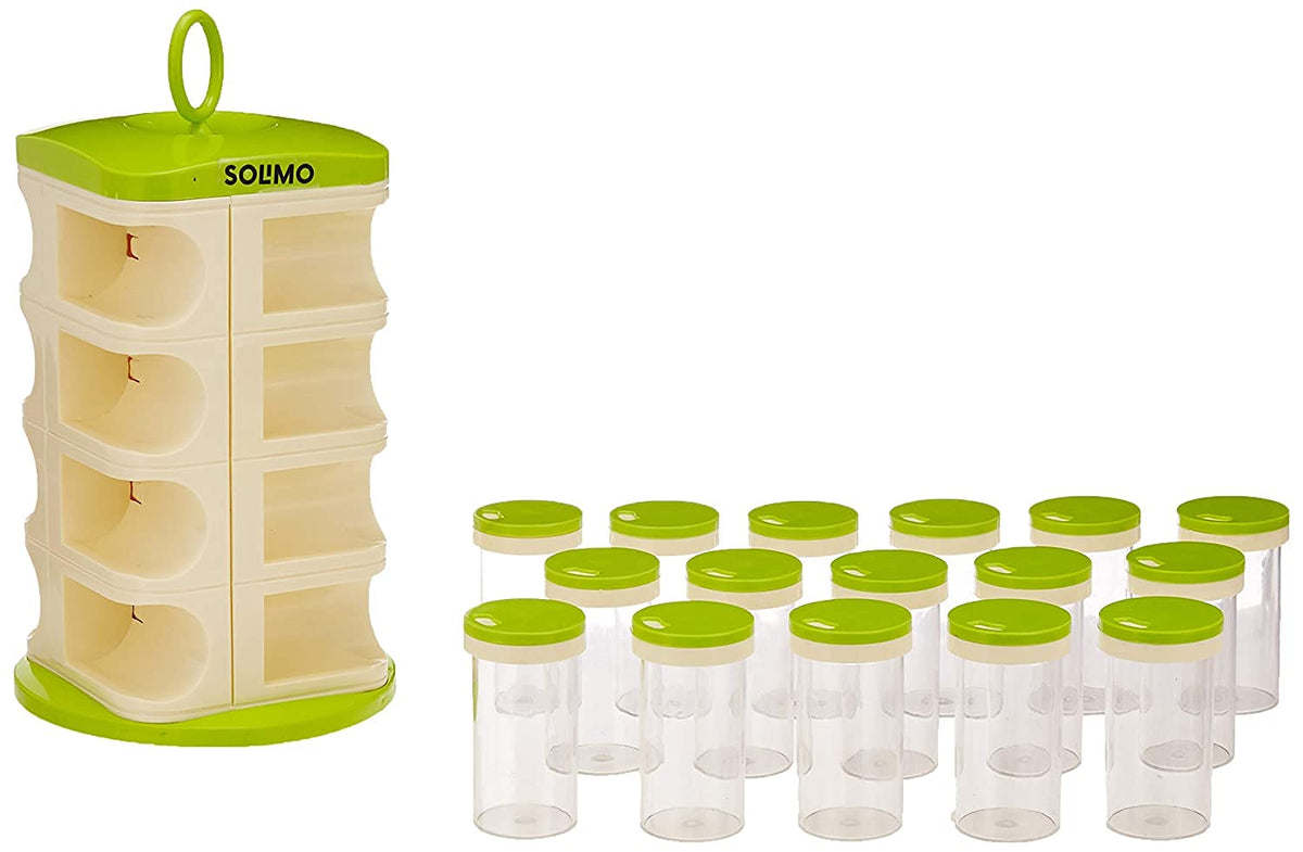 Amazon Brand - Solimo Revolving Spice Rack Set | 16 pieces | Plastic | Tiered Shelf | Tabletop | Green