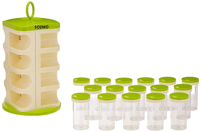 Amazon Brand - Solimo Revolving Spice Rack Set | 16 pieces | Plastic | Tiered Shelf | Tabletop | Green
