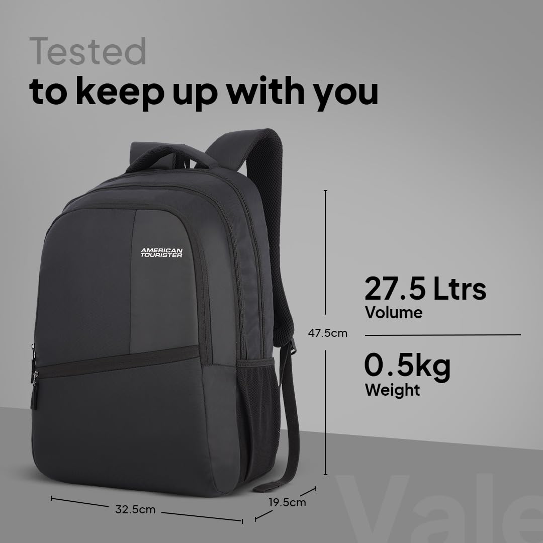 American Tourister Valex | 28L Backpack | 17" Laptop Bag | 2 Compartments | College & Office Backpack for Men and Women | Black | 1 Year Global Warranty