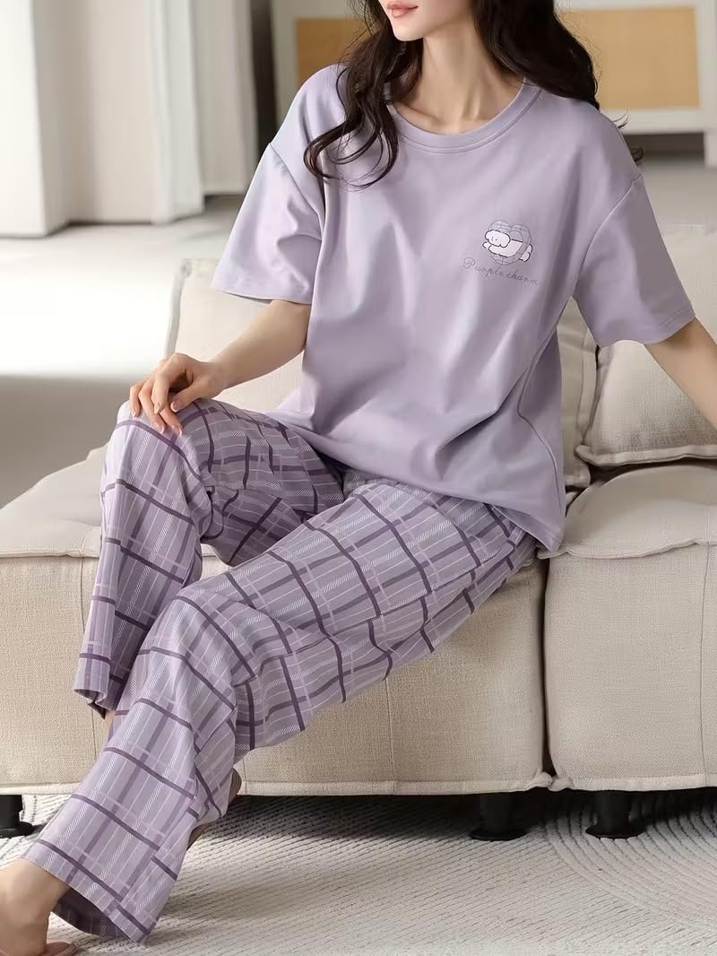 SHIENZY Women Korean Style Night Suit | Round Neck Short Sleeve Cute Printed Cotton Pajama Set for Girls & Women | Soft Nightwear, Lounge Wear, Sleepwear for Women | Co-ord Set(New-1695_LVNDR_XL)
