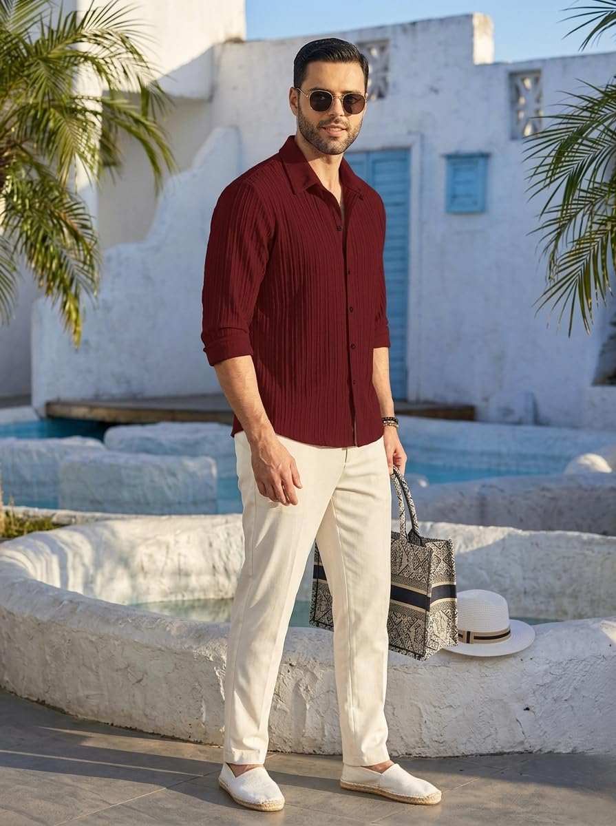 DEELMO Men's Casual Button Down Shirts Long Sleeve Linen Shirt Fashion Textured Beach Summer Shirt (in, Alpha, M, Regular, Maroon)