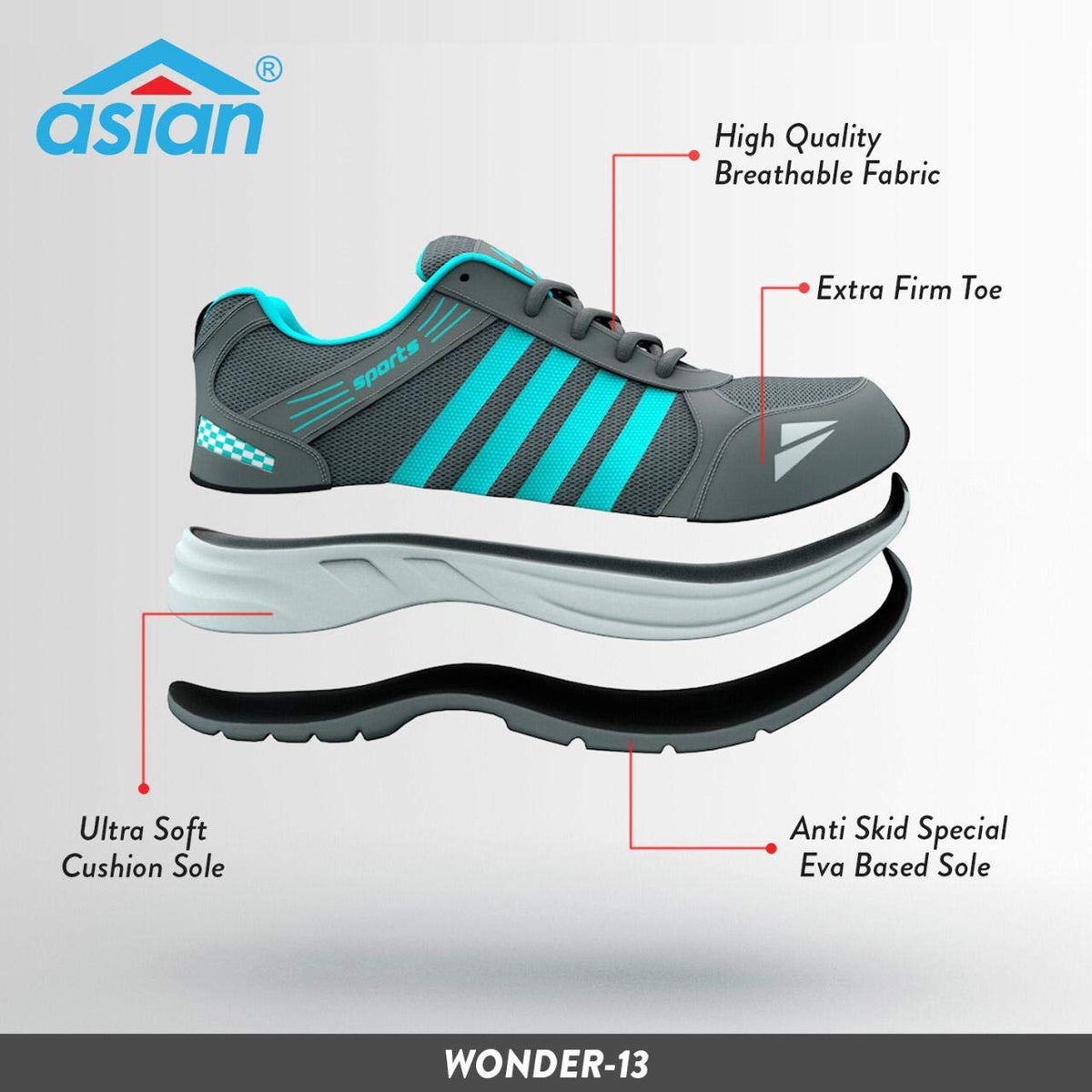 ASIAN Men's Wonder-13 Sports Running Shoes Green Grey