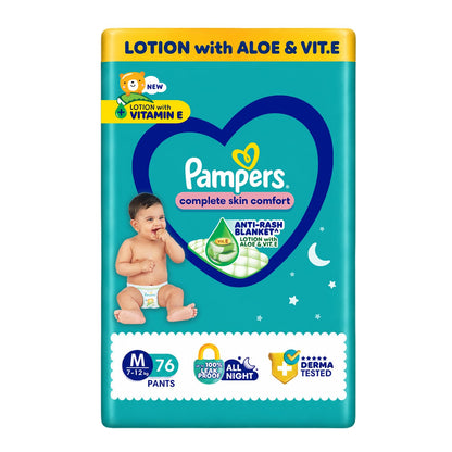 Pampers Complete Skin Comfort Pants, (M) 76 Count, Anti-rash blanket, Lotion with Vitamin E & Aloe Vera, Medium, 7-12kg