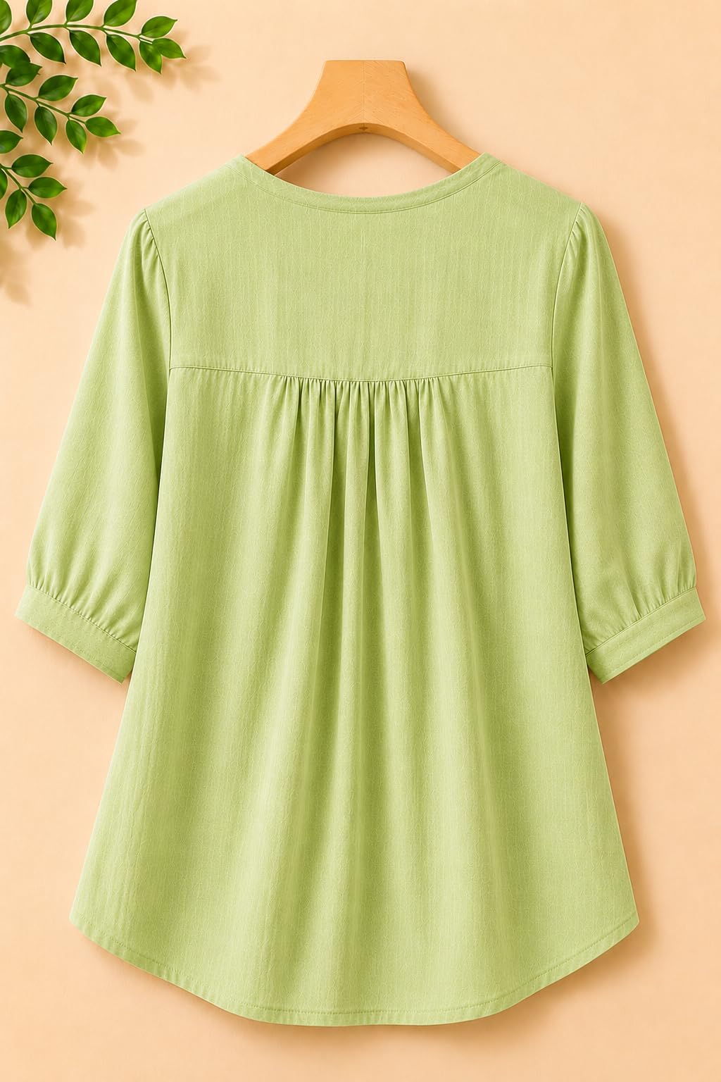 RIEKA Womens Embroidered Korean Style Top and Tunic; V Neck| Floral Thread Embroidery| Three Quarter Puff Sleeves |Relaxed Fit Curved Hem| Casual Everyday Fusion Top (Pista-L)