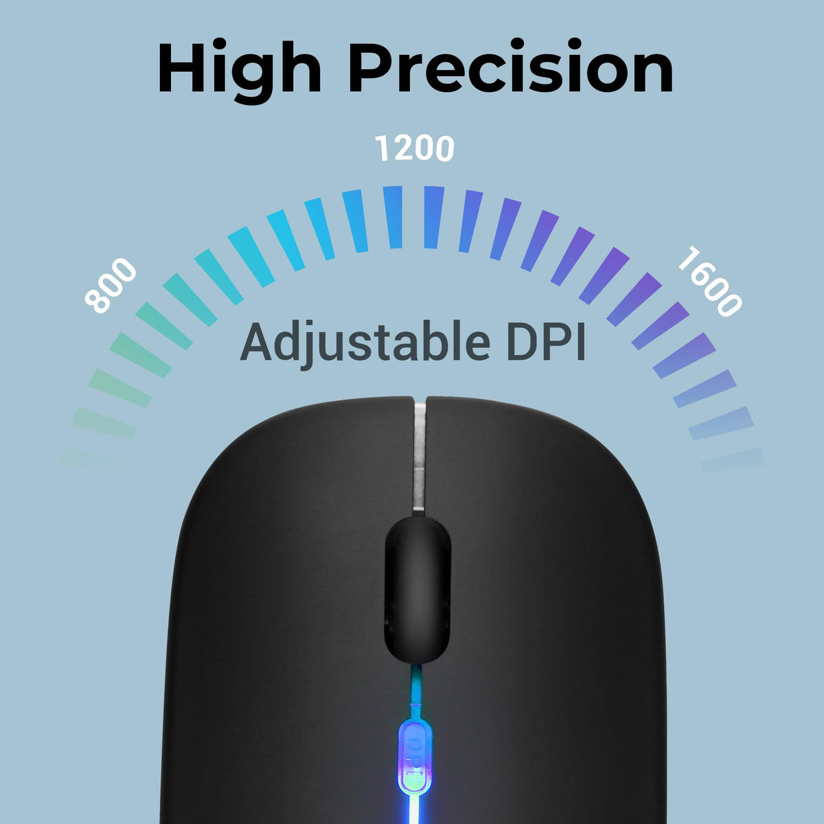 ZEBRONICS Blanc Slim Wireless Mouse with Rechargeable Battery, BT + 2.4GHz, 4 Buttons, 800/1200/1600 DPI, Silent Operation, Multicolor LED Lights