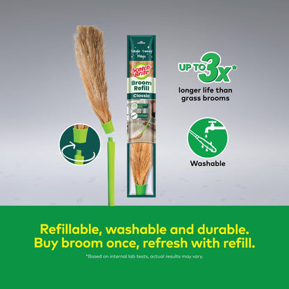 Scotch-Brite Classic Floor Broom | Flat Fibers Pick Fine Dust & Hair | Long Handle for No Bending | No Dust Shedding | Lightweight & Long Lasting