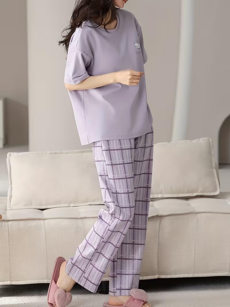 SHIENZY Women Korean Style Night Suit | Round Neck Short Sleeve Cute Printed Cotton Pajama Set for Girls & Women | Soft Nightwear, Lounge Wear, Sleepwear for Women | Co-ord Set(New-1695_LVNDR_XL)