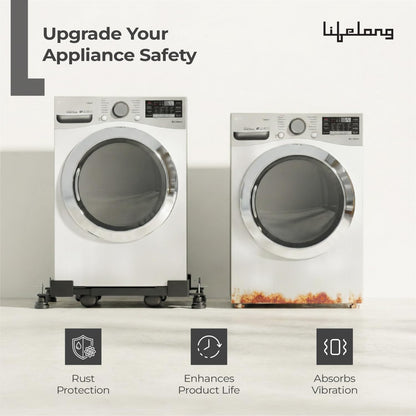 Lifelong Adjustable Washing Machine Stand with Wheels, Heavy Duty Steel Trolley for 5 Kg to 12 Kg Top Load & Front Load Washing Machines | Fridge & Air Cooler Stand | 180 Kg Capacity | Anti Vibration Pads | Black