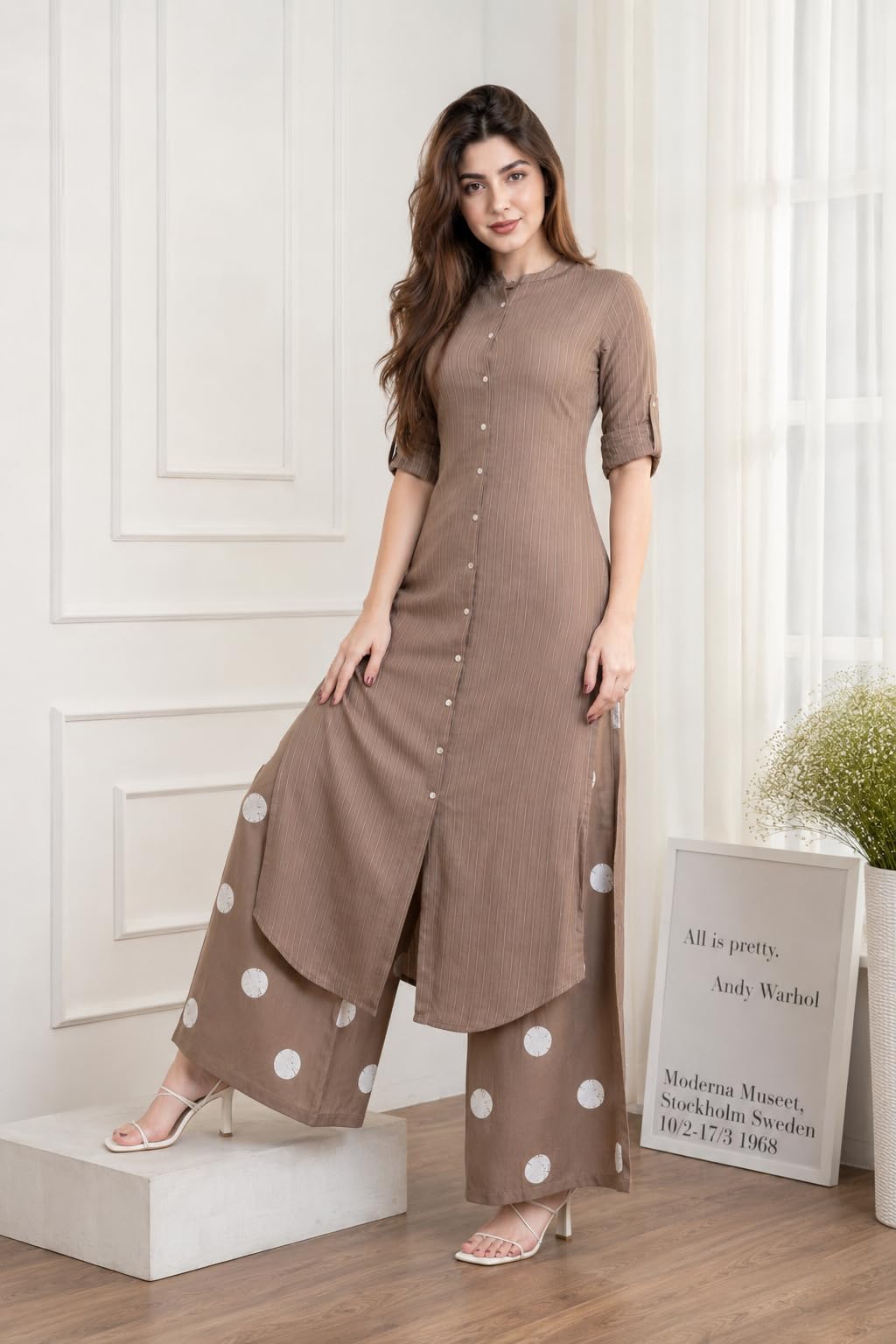 Celary Women's Kurtas & Kurtis|Striped Straight Kurti with Printed Palazzo Pants|Ethnic Kurti Set for Woman|Casual Suit Set for Women with Size S to 3XL|Stylish Dress for Woman