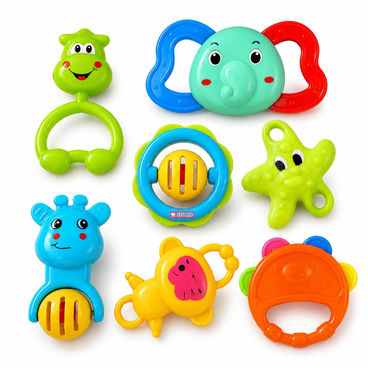 Storio Baby Products Toys 7 Pcs Rattle Set with Teathers for New Born Baby Gifts, Toy for Babies, Non-Toxic