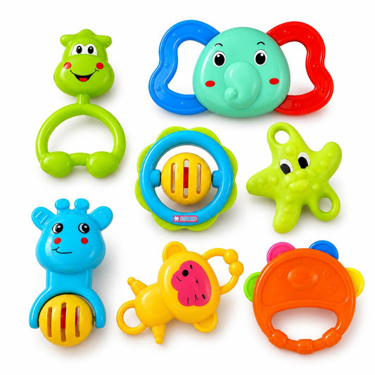 Storio Baby Products Toys 7 Pcs Rattle Set with Teathers for New Born Baby Gifts, Toy for Babies, Non-Toxic