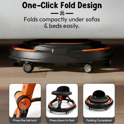 StarandDaisy Baby Walker for Babies, 6-18 Month Baby Boy & Girl, Adjustable Height Infant Learning Walker with 360° Wheels, Anti-Slip, Comfortable Padded Seat, Activity Tray, Foldable Toddler Walker (Orange-Black)