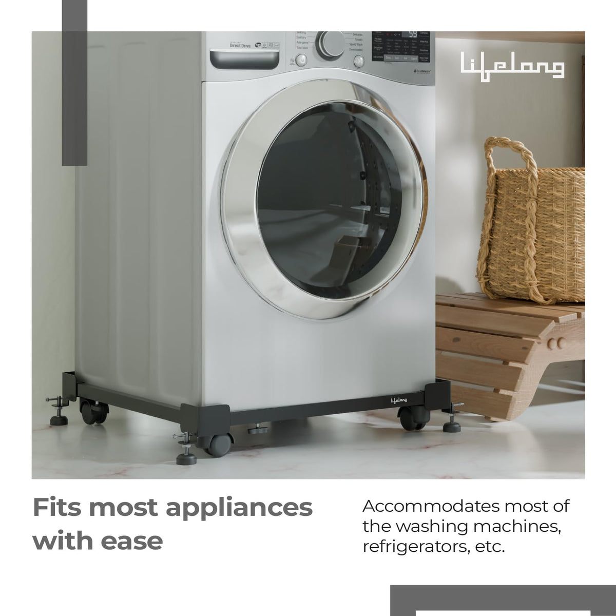Lifelong Adjustable Washing Machine Stand with Wheels, Heavy Duty Steel Trolley for 5 Kg to 12 Kg Top Load & Front Load Washing Machines | Fridge & Air Cooler Stand | 180 Kg Capacity | Anti Vibration Pads | Black