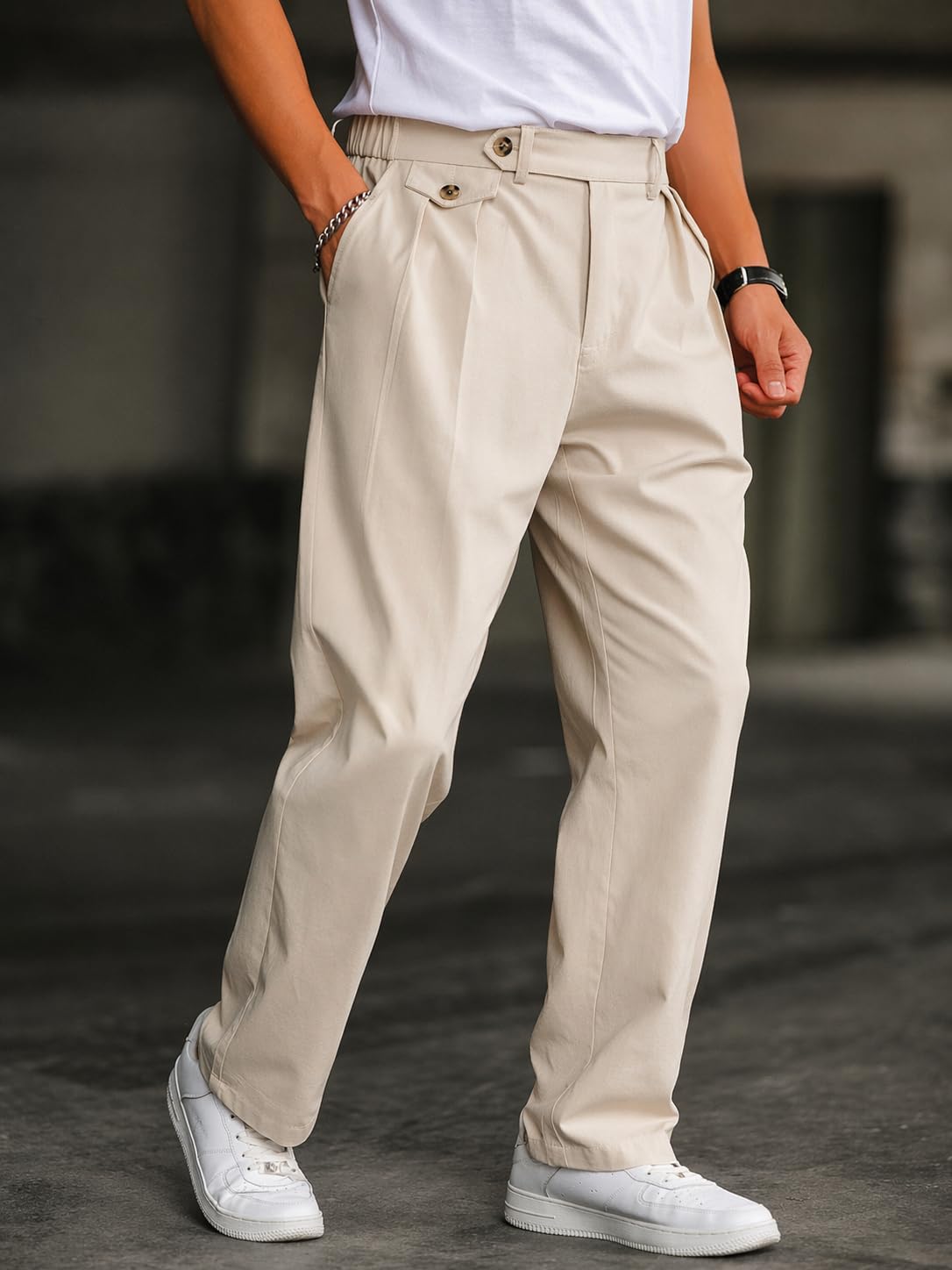 CB-COLEBROOK Men’s Korean Style Double Pleated Relaxed Fit Trousers | Cotton Linen Blend Formal Casual Pants | Mid Rise, Belt Loops, Side Pockets & Button Closure (in, Alpha, M, Regular, Cream)