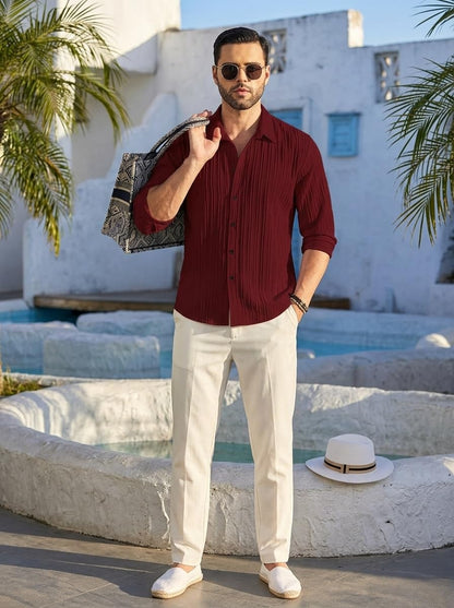 DEELMO Men's Casual Button Down Shirts Long Sleeve Linen Shirt Fashion Textured Beach Summer Shirt (in, Alpha, M, Regular, Maroon)
