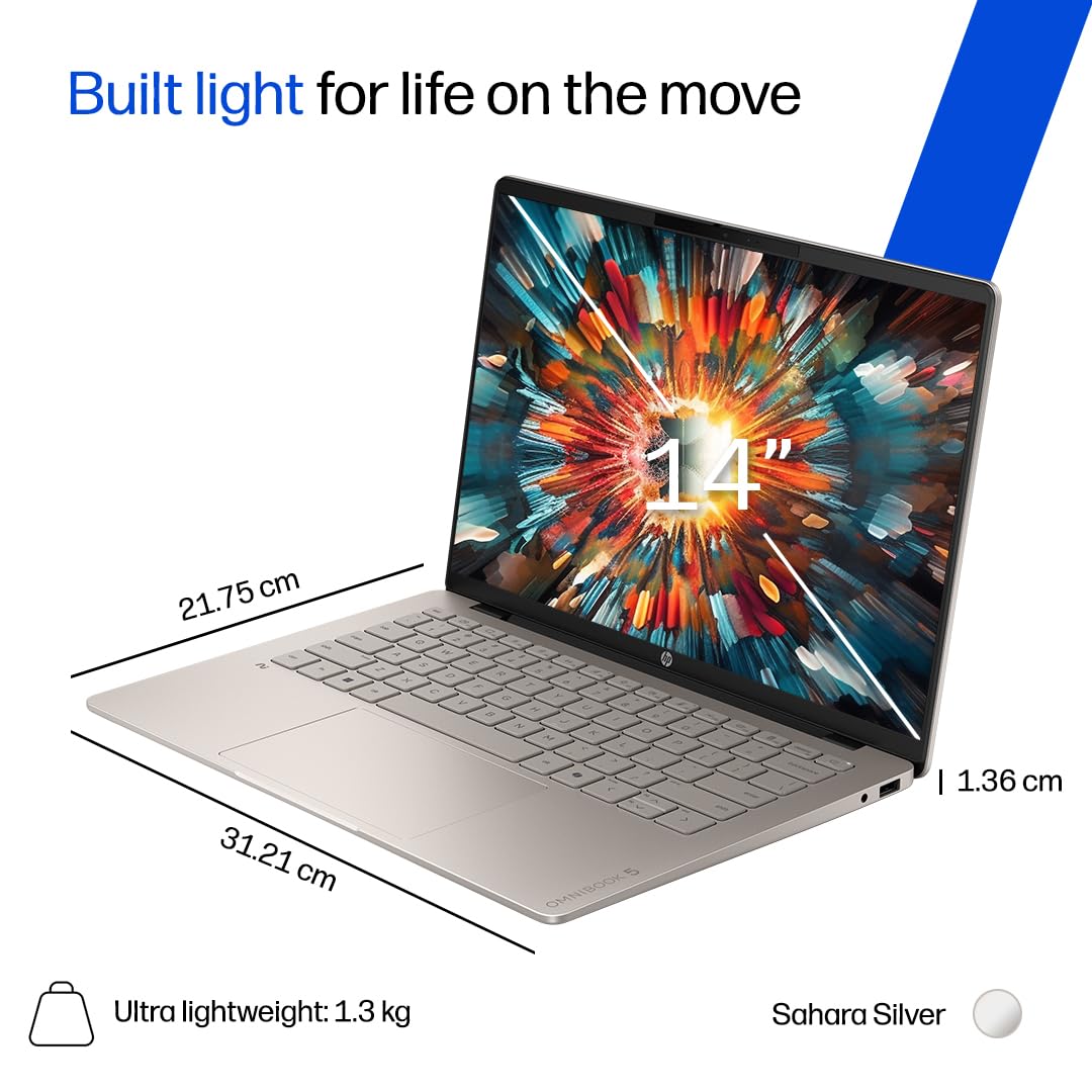 HP OmniBook 5 OLED ● Intel Core Ultra 5 322 ● 45 TOPS● (16GB LPDDR5x,512GB SSD) ●2K 14''/35.6cm ● Win11 ● Office24 ● Sahara Silver●1.3kg ●hh0099TU ●mini GaN Charger● Upto 29hrs battery life ●AI Laptop