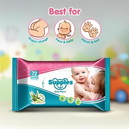 Amazon Brand - Supples Baby Wet Wipes | 648 Wipes | 72 Wipes x 9 Packs | Enriched With Aloe Vera and Vitamin E | Alcohol-free and Paraben-free | Pure Water-Based Formulation