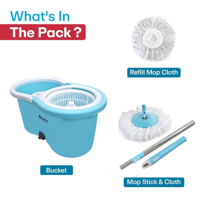 Mumma's LIFE Plastic Spin Mop Bucket, Moppers for Cleaning Floor, Mop Set Extendable Handle, Removable Wringer 360° with Floor Cleaner Mopping Stick (Round Mop Set)