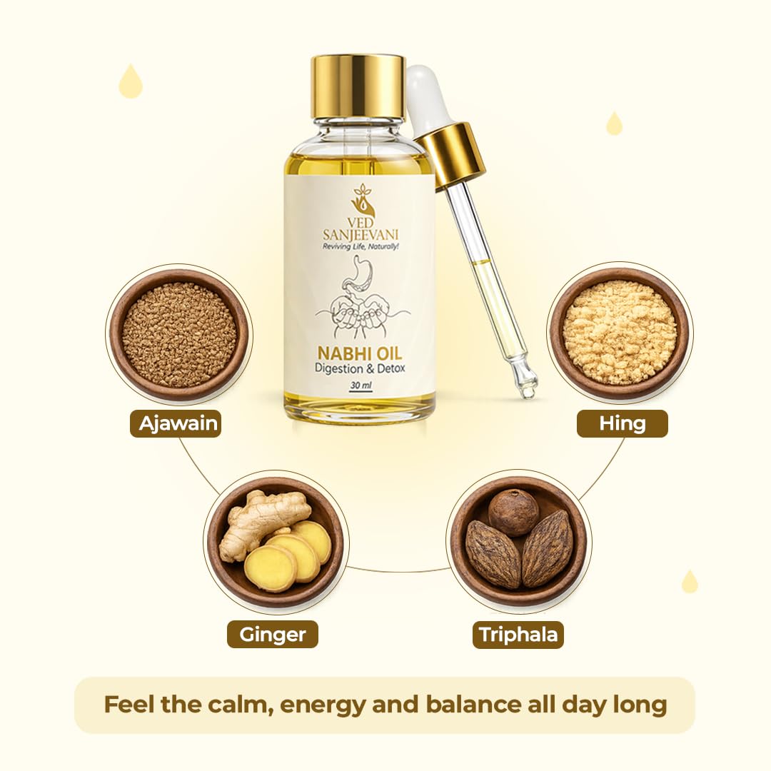 Ved Sanjeevani Digestion & Detox Nabhi Oil | Belly Button Oil with Herbal Formulation For Bloating Relief, Gas, Acidity & Gut Cleanse | Heals through 72,000 Nadi Navel Therapy | 30ml