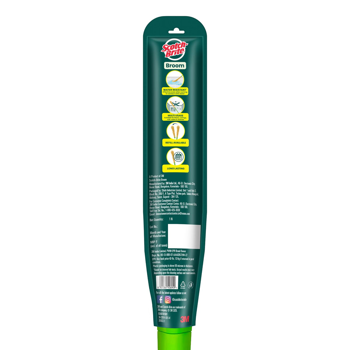 Scotch-Brite Classic Floor Broom | Flat Fibers Pick Fine Dust & Hair | Long Handle for No Bending | No Dust Shedding | Lightweight & Long Lasting