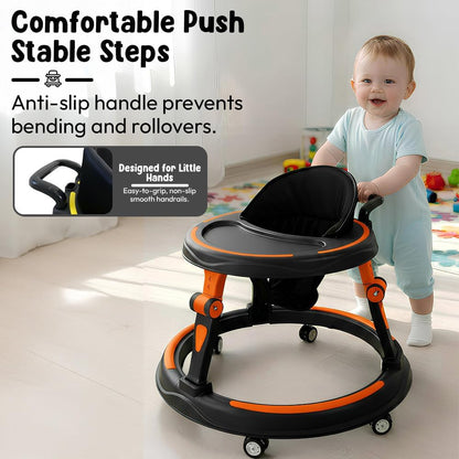 StarandDaisy Baby Walker for Babies, 6-18 Month Baby Boy & Girl, Adjustable Height Infant Learning Walker with 360° Wheels, Anti-Slip, Comfortable Padded Seat, Activity Tray, Foldable Toddler Walker (Orange-Black)