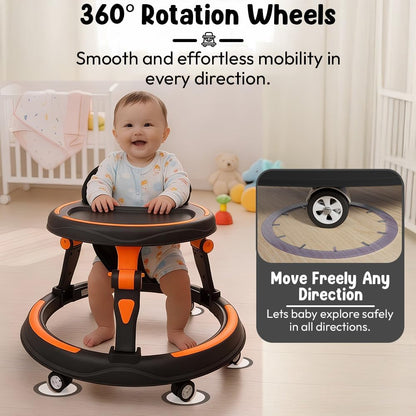 StarandDaisy Baby Walker for Babies, 6-18 Month Baby Boy & Girl, Adjustable Height Infant Learning Walker with 360° Wheels, Anti-Slip, Comfortable Padded Seat, Activity Tray, Foldable Toddler Walker (Orange-Black)