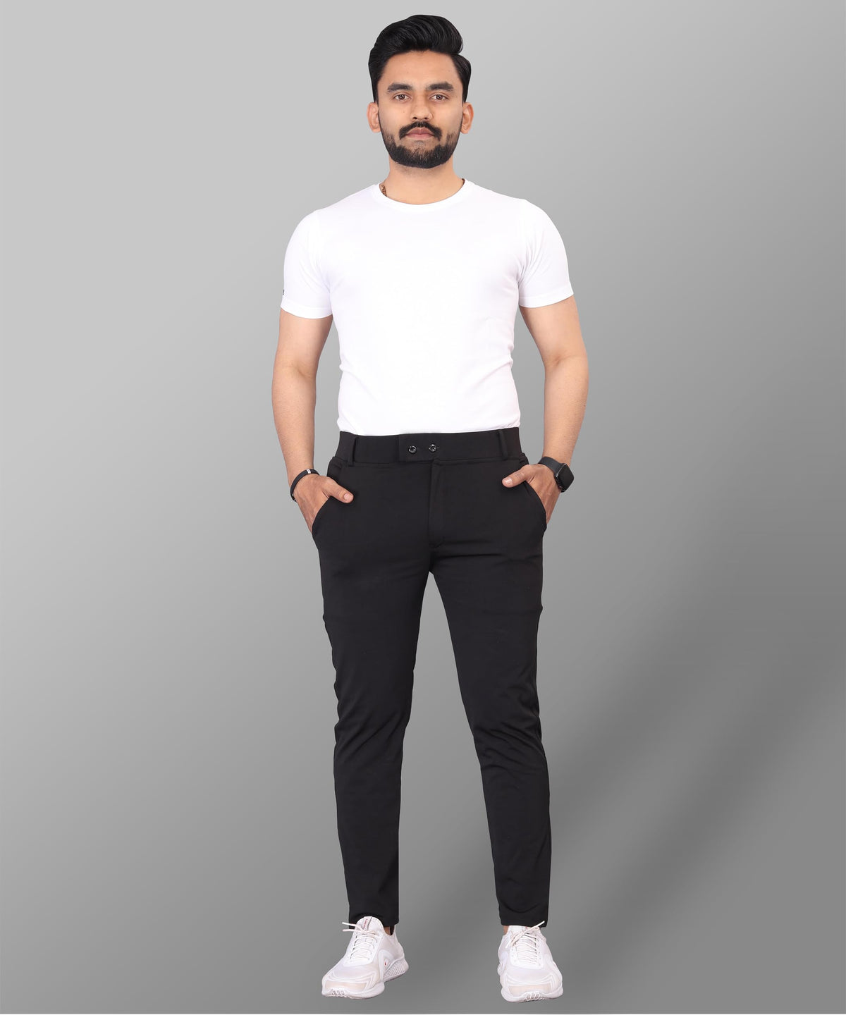 Mehrang Men's Slim Fit Casual Mid Rise Trousers, Cotton Blend, Side Pockets (in, Numeric, 34, Regular, Black)