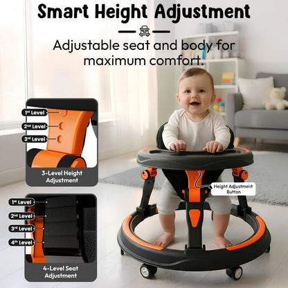 StarandDaisy Baby Walker for Babies, 6-18 Month Baby Boy & Girl, Adjustable Height Infant Learning Walker with 360° Wheels, Anti-Slip, Comfortable Padded Seat, Activity Tray, Foldable Toddler Walker (Orange-Black)