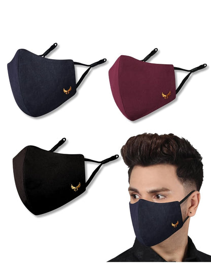 MASQ 4-Layer Anti-Pollution Reusable & Adjustable Cotton Cloth Face Mask for Men & Boys, Anti-Bacterial BFE>99%, Pack of 3, Multicolor, Black, Navy, Red