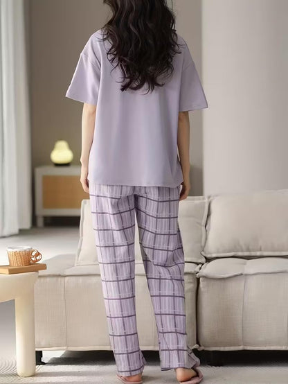 SHIENZY Women Korean Style Night Suit | Round Neck Short Sleeve Cute Printed Cotton Pajama Set for Girls & Women | Soft Nightwear, Lounge Wear, Sleepwear for Women | Co-ord Set(New-1695_LVNDR_XL)