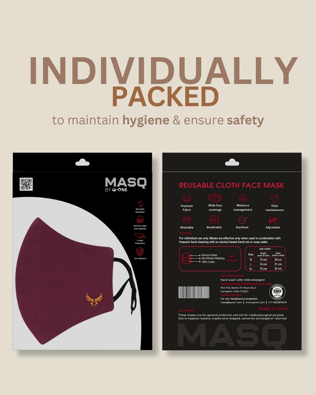 MASQ 4-Layer Anti-Pollution Reusable & Adjustable Cotton Cloth Face Mask for Men & Boys, Anti-Bacterial BFE>99%, Pack of 3, Multicolor, Black, Navy, Red