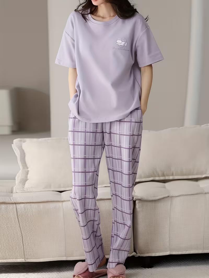 SHIENZY Women Korean Style Night Suit | Round Neck Short Sleeve Cute Printed Cotton Pajama Set for Girls & Women | Soft Nightwear, Lounge Wear, Sleepwear for Women | Co-ord Set(New-1695_LVNDR_XL)