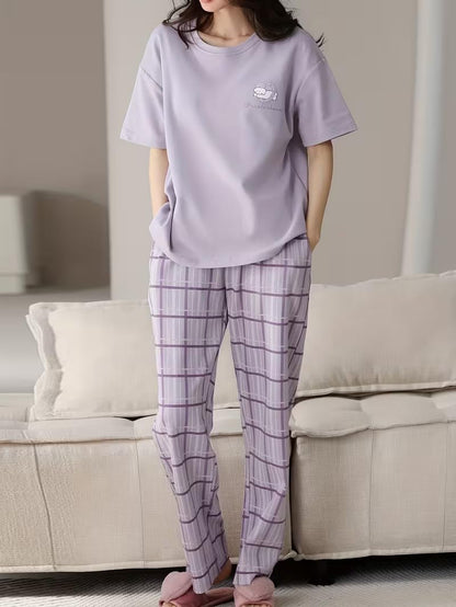 SHIENZY Women Korean Style Night Suit | Round Neck Short Sleeve Cute Printed Cotton Pajama Set for Girls & Women | Soft Nightwear, Lounge Wear, Sleepwear for Women | Co-ord Set(New-1695_LVNDR_XL)