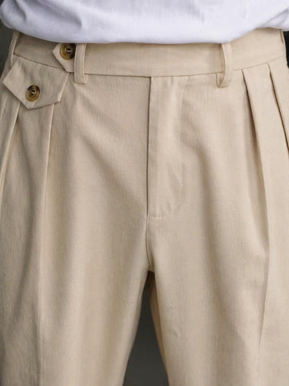 CB-COLEBROOK Men’s Korean Style Double Pleated Relaxed Fit Trousers | Cotton Linen Blend Formal Casual Pants | Mid Rise, Belt Loops, Side Pockets & Button Closure (in, Alpha, M, Regular, Cream)